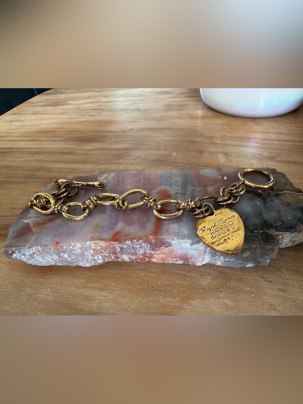 Vintage Juicy Couture Gold Heart Charm Link Bracelet wear as shown 7”
